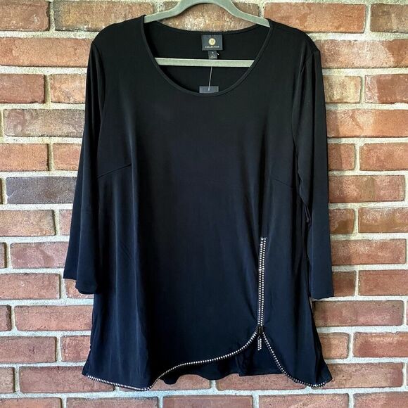 JM Collection Sequin Zipper Accent 3/4 Length Sleeve Top Black XL - Picture 1 of 11